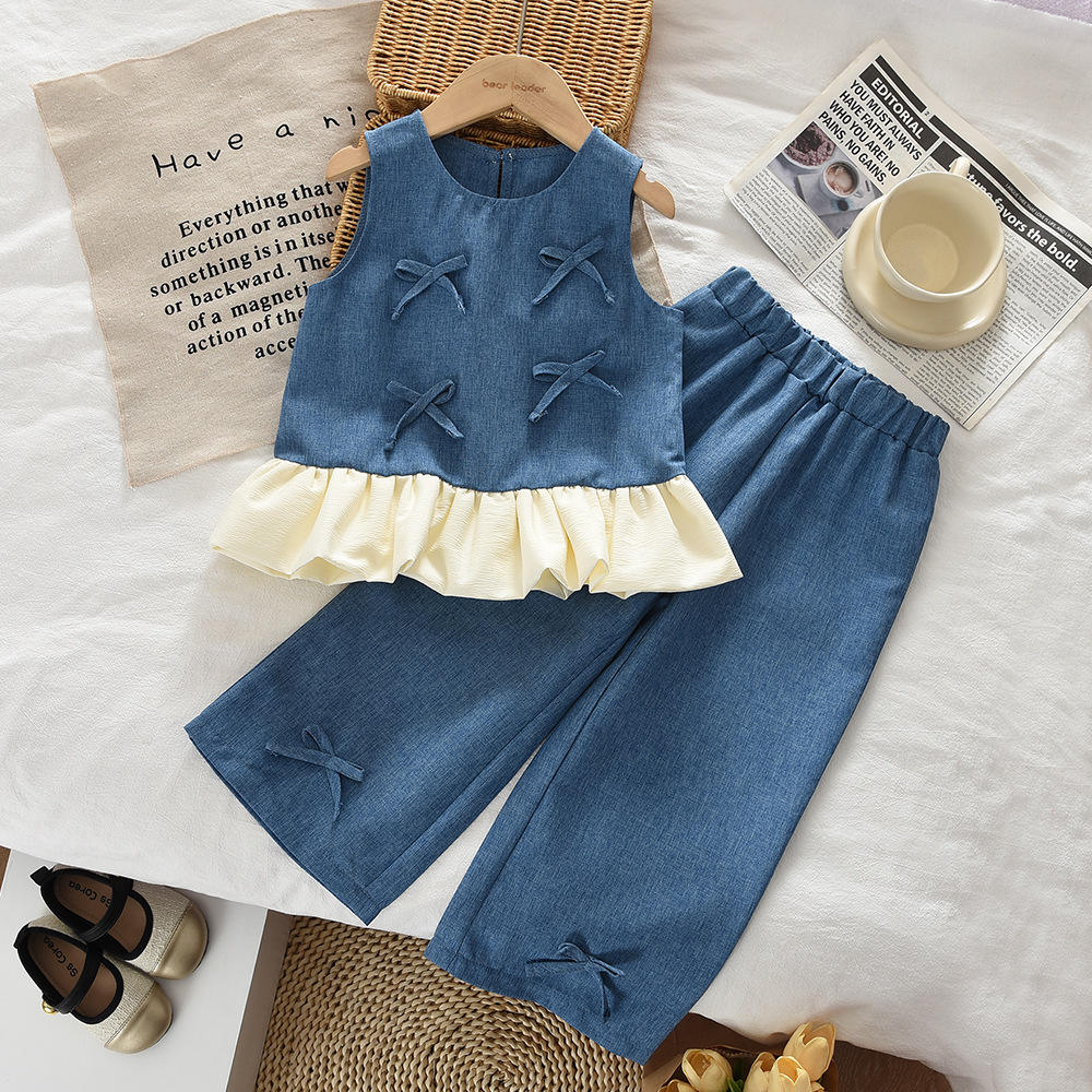 Wholesale 2026 Summer Fashionable New Girls' Clothing Outfit Denim Design Bow knot Patchwork Vest Long Pants Two-Piece Set