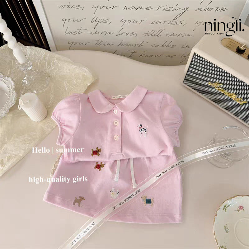 Wholesale 2026 Summer Baby Girl Clothing Set  Fashion Girls' Cotton Dog Embroidered Polo Shirt and Skirt Two Piece Set