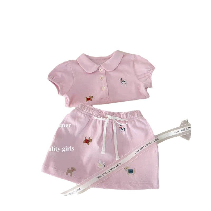 Wholesale 2026 Summer Baby Girl Clothing Set  Fashion Girls' Cotton Dog Embroidered Polo Shirt and Skirt Two Piece Set