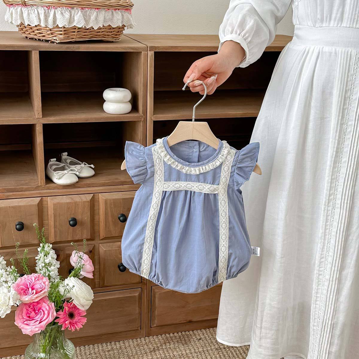 Wholesale Girls' Summer New 2026 French Style Lace Neck Baby Romper Baby Western Style Flying Sleeve One Month Clothes Thin Baby Jumpsuit