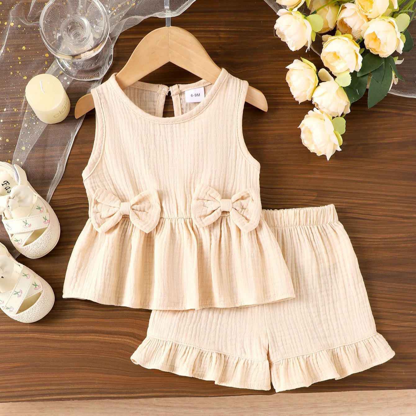 Wholesale 2026 Summer New Style Apricot Pure Cotton Vest Shorts Set Baby Girls Comfortable Casual Soft Baby Girl Two Piece Set