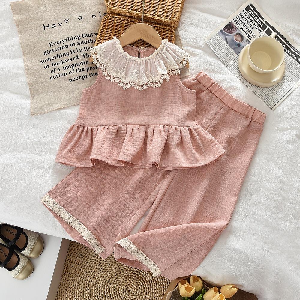 Wholesale 2026 Girls' Korean-style Summer Baby Suit New Sweet Lace Sleeveless Doll Shirt Trousers Pink Sweet Two-piece Set