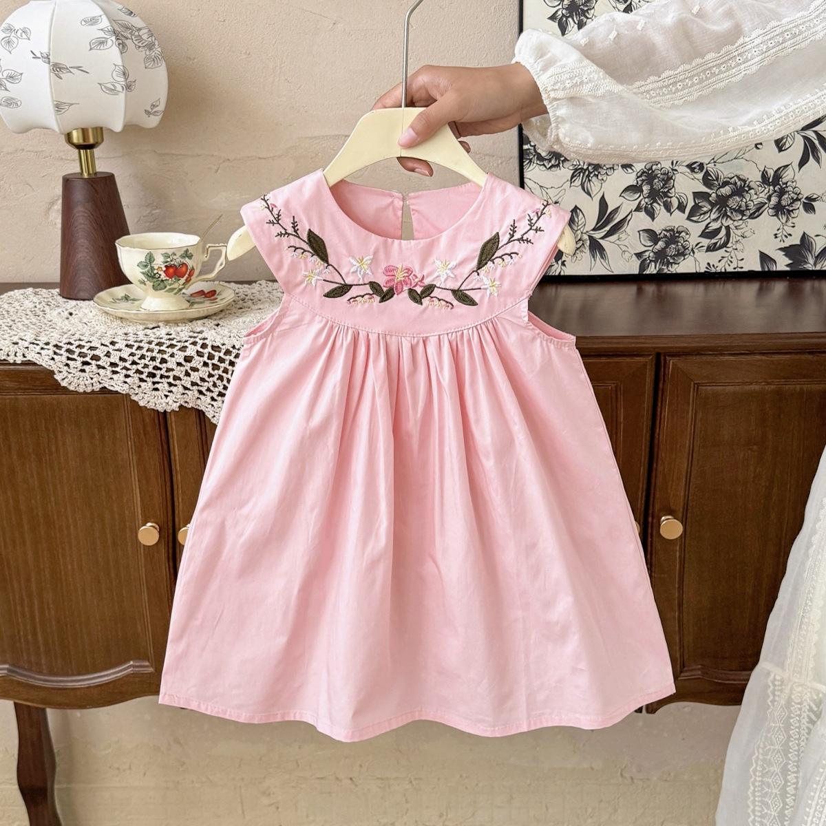 Wholesale 2026 Summer Girls' Dress New French Style Embroidery Flowers Sleeveless Vest Little Girls' Princess Dress