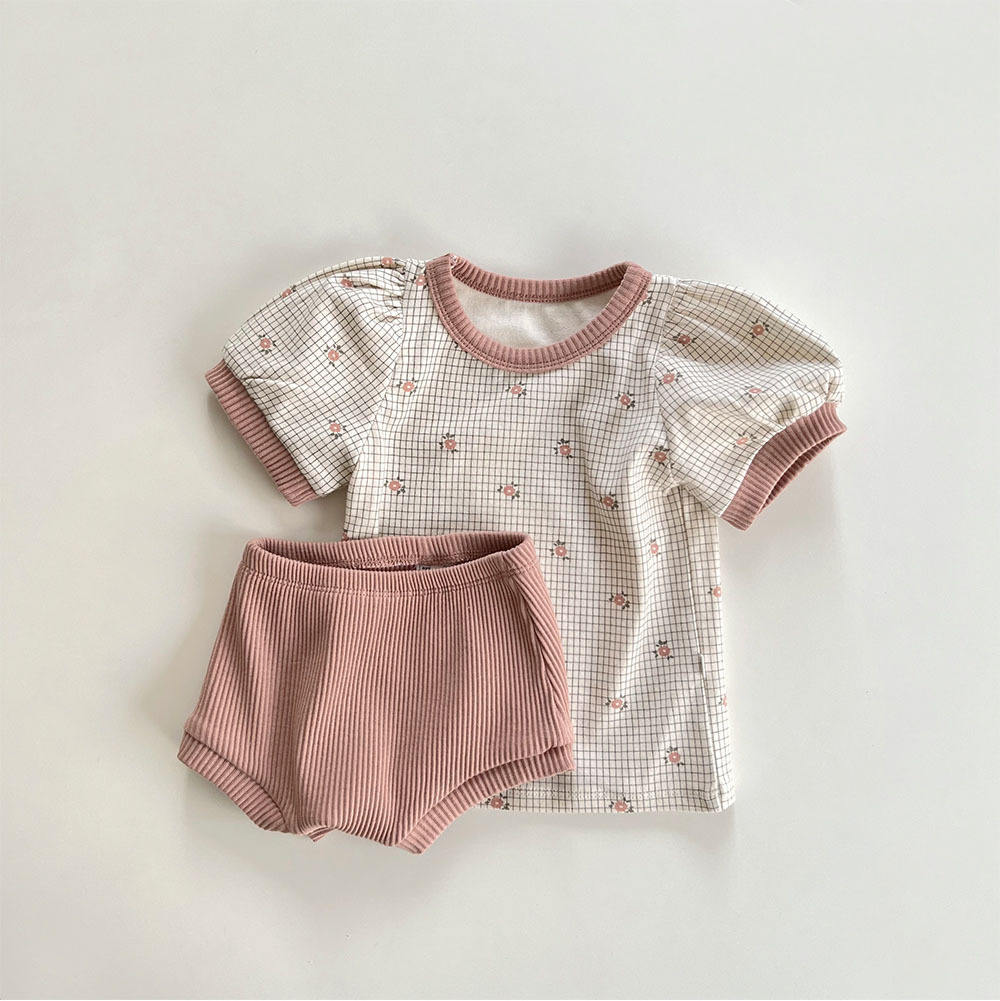 Wholesale 2026 Summer Thin Nordic Style Children's Suit Ins Style Floral Printed Two-piece Short-sleeved Combed Cotton Shorts Baby Suit