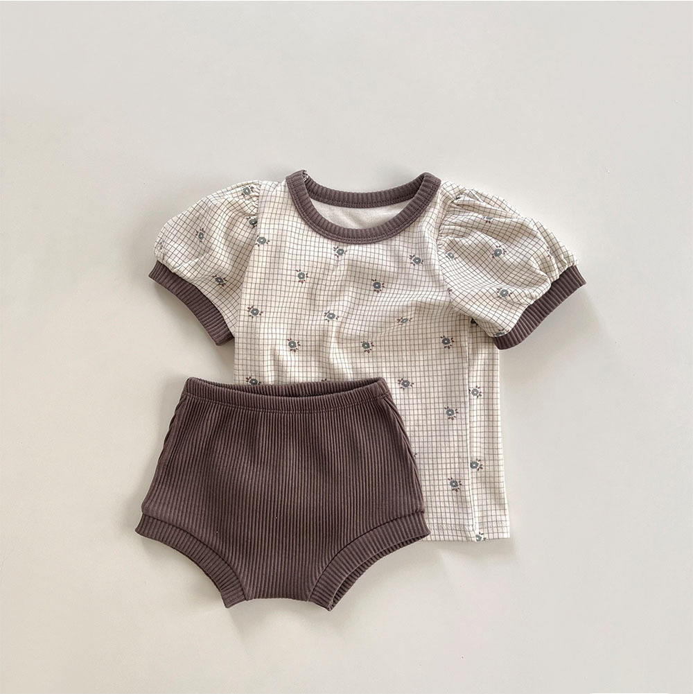 Wholesale 2026 Summer Thin Nordic Style Children's Suit Ins Style Floral Printed Two-piece Short-sleeved Combed Cotton Shorts Baby Suit