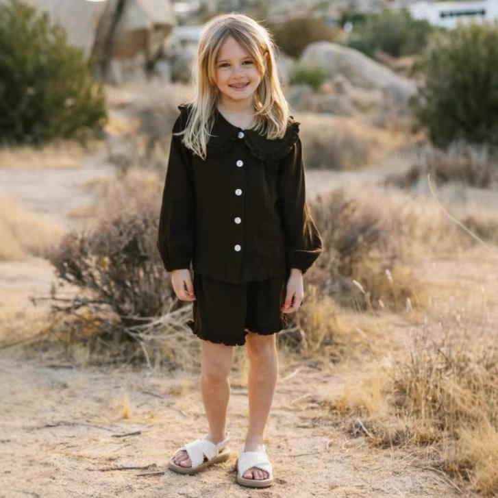 Wholesale 2026 INS Girl Clothing Set Spring and Summer Cotton Linen Long Sleeve Shirt with Lace Hot Pants Children's British Two-Piece Set