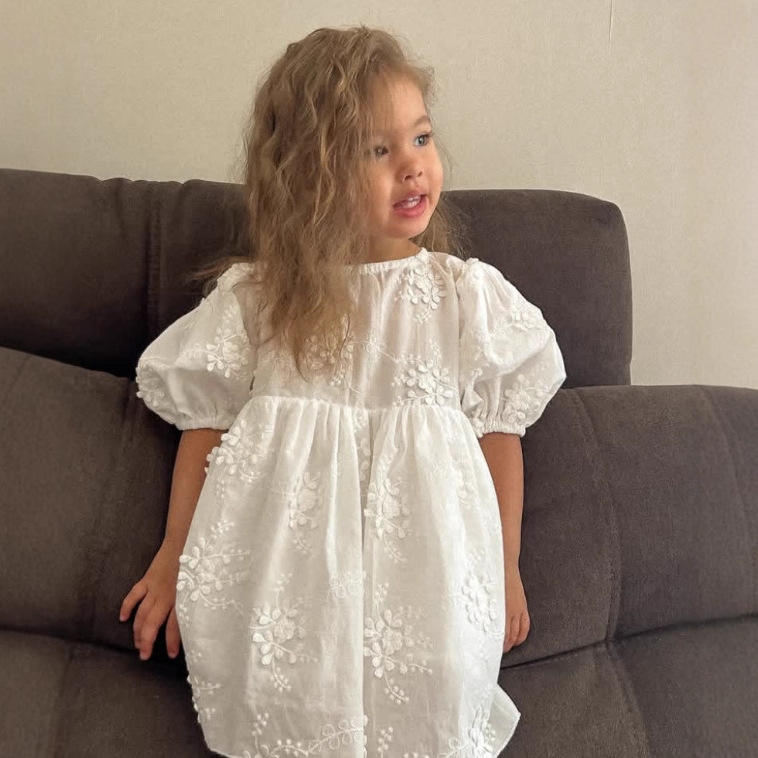 Wholesale  2026 INS Style Girls Summer Cotton Lace Embroidery Girls Dress A-Line Solid Color Princess Puff Sleeve Casual Baby Dresses