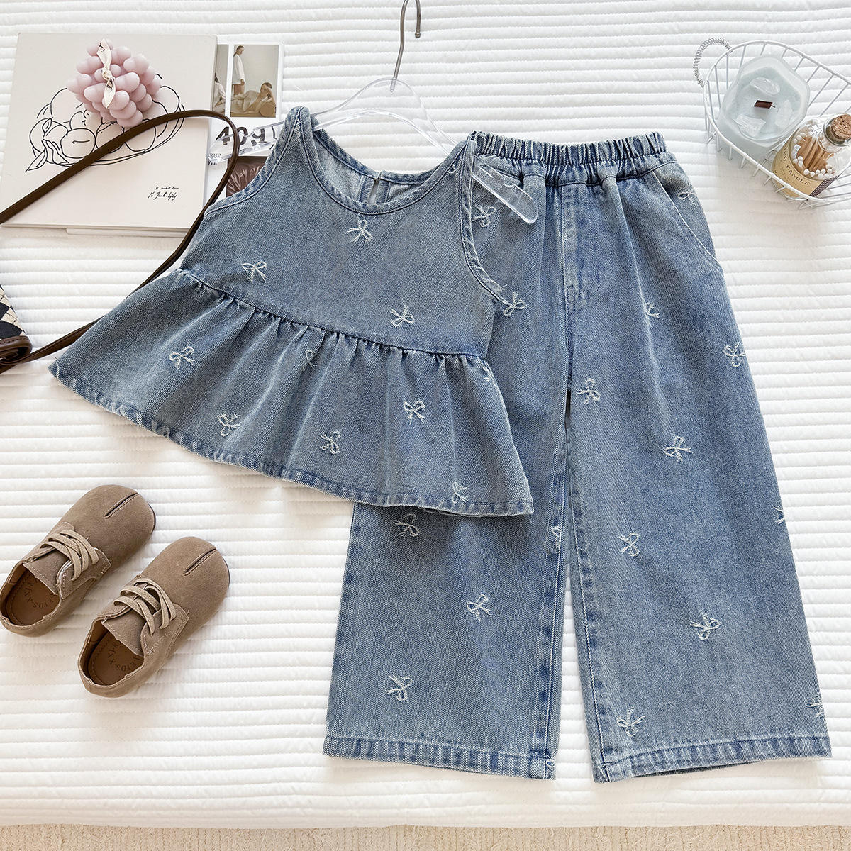 Wholesale 2026 Summer Girls' Denim Set New Fashion Bow Embroidered Denim Vest Wide-Leg Pants Retro Two-Piece Set