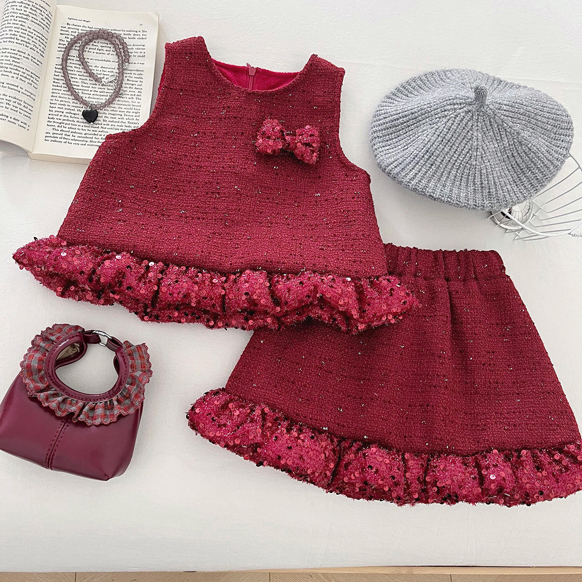 Wholesale 2025 Girl's Clothing Set Winter Two-piece Set Lace Vest Top Fleece-lined Short Skirt Solid Worsted Fabric Warm Princess Design