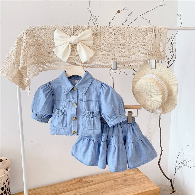 Wholesale 2026 New Summer New Cute Princess Children's Clothing Girls' Fashion Denim Solid Color Puff-sleeved Top Skirt Set