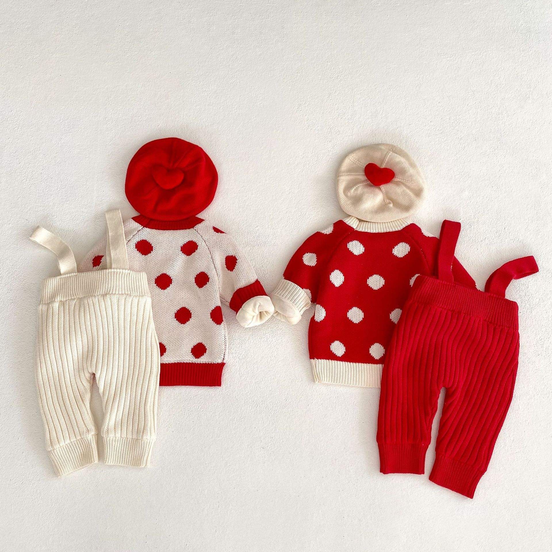 Wholesale Winter New Baby Knitted Overalls Set for Children and Babies Fleece and Thickened Polka Dot Long-sleeved Sweater Two-piece Set