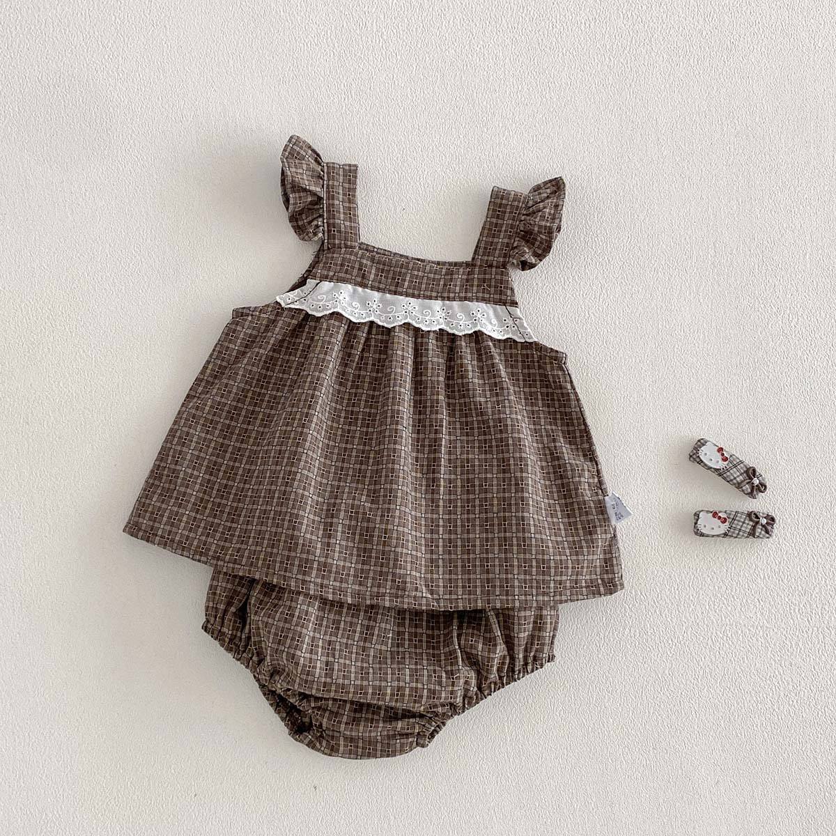 Wholesale 2026 Girls' New Fashion Summer Baby Girl Suit Sleeveless Vest Plaid Suit Children's Doll Shirt Shorts Pure Cotton Two-piece Set
