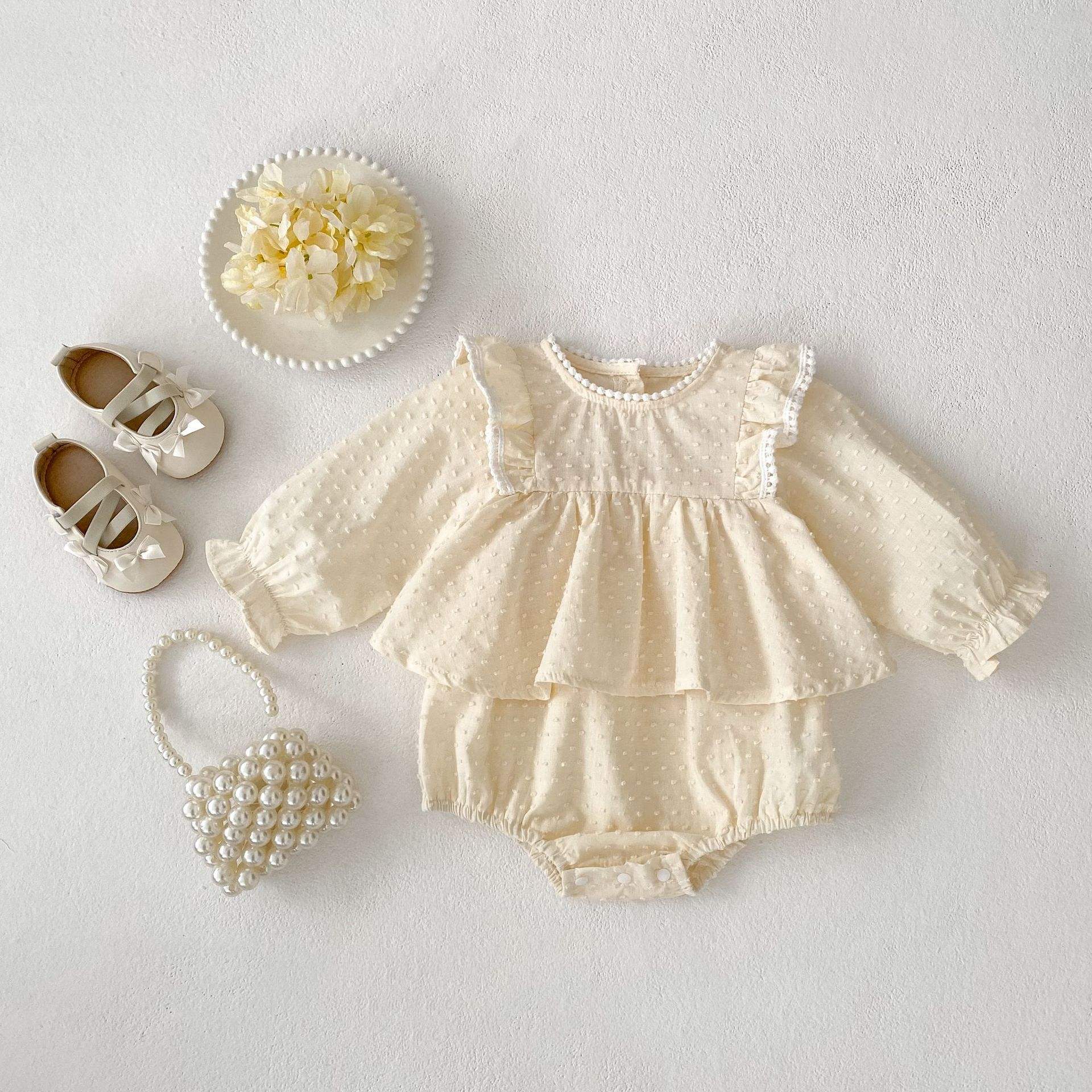 Wholesale 2025 Autumn New Baby Girl Rompers Long Sleeve Skirt Triangle Button Closure Climbing Sweet Baby Jumpsuits