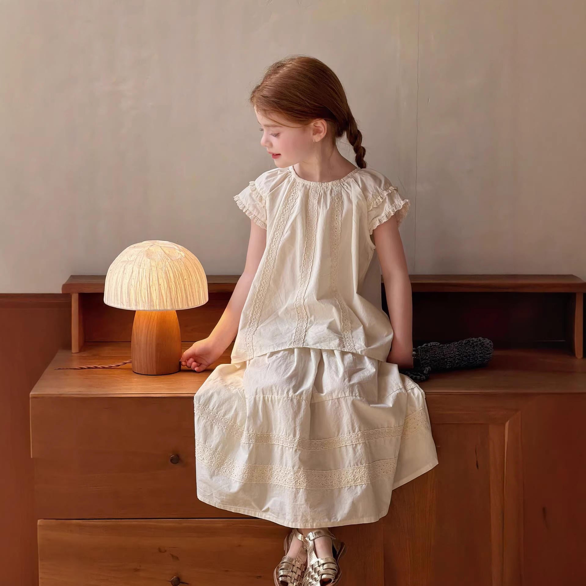 Wholesale Girls' 2026 Summer New Style Children's Heavy-Duty Lace Doll Shirt Baby Pure Cotton Solid Color Skirt Two-Piece Set