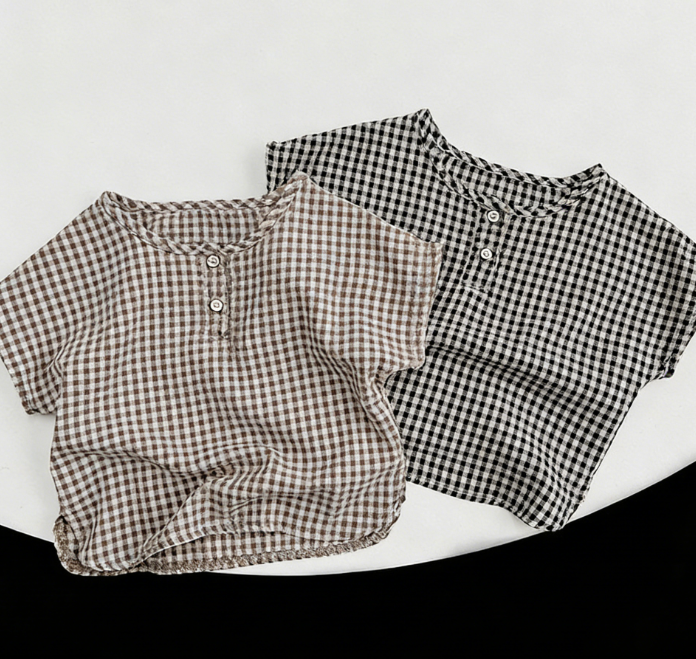 Wholesale 2026 Summer Korean-style Checkered Top Pure Cotton Doll Kids Shirt Japanese Style Breathable Tops for Baby Boys