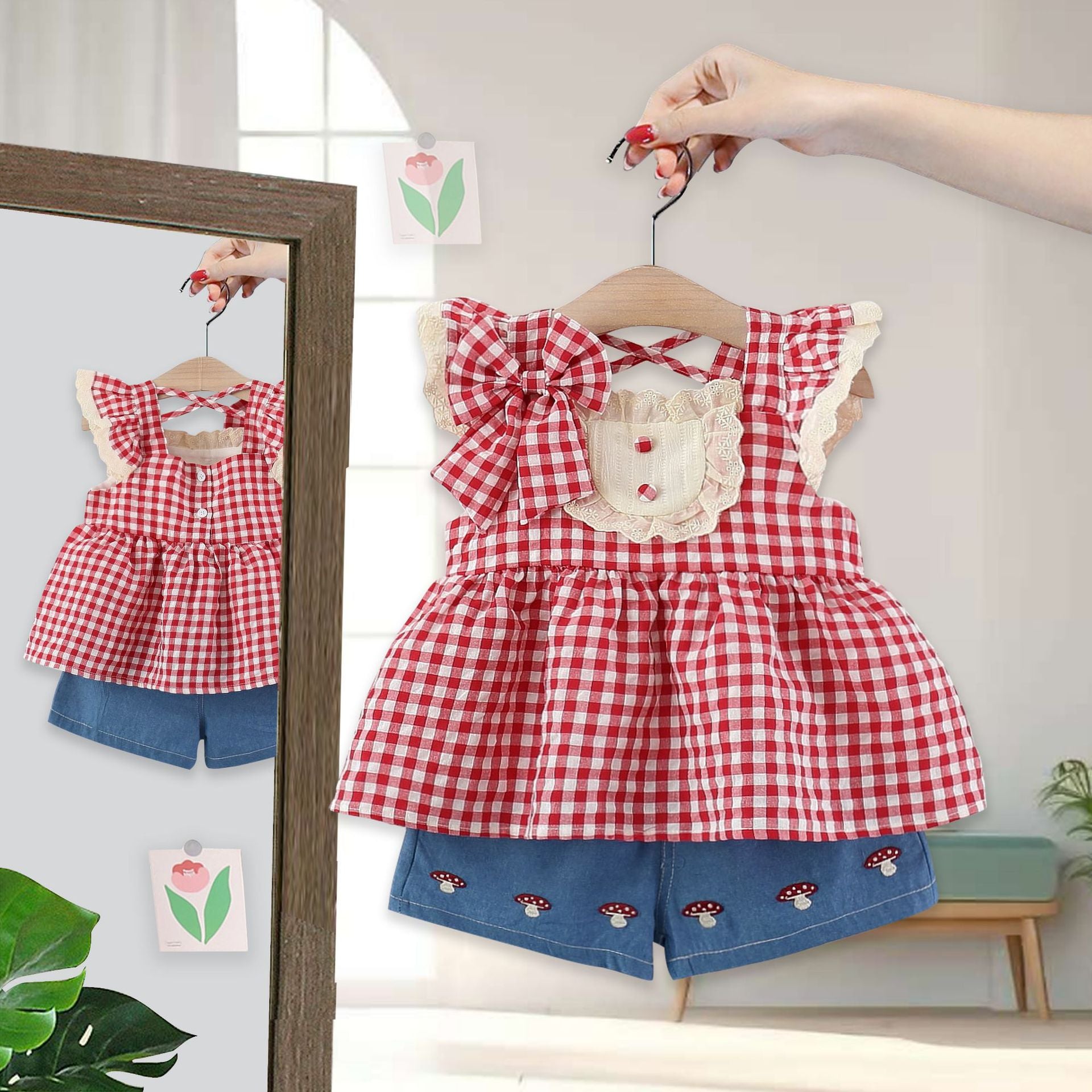 Wholesale 2026 Summer Baby Girls Suit New Fashion Plaid Casual Sweet Strawberry Top and Shorts Two-Piece Set