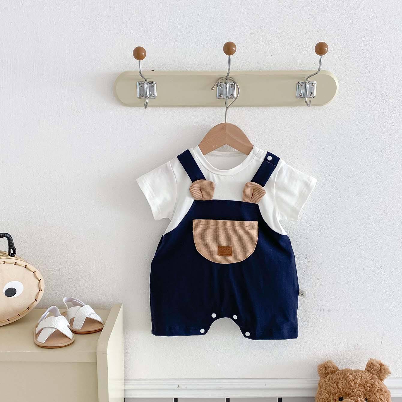 Wholesale 2026 Summer Baby Romper Short-sleeved Cotton Pullover Thin Style Super Cute Pocket Strap Short Crawling Clothes