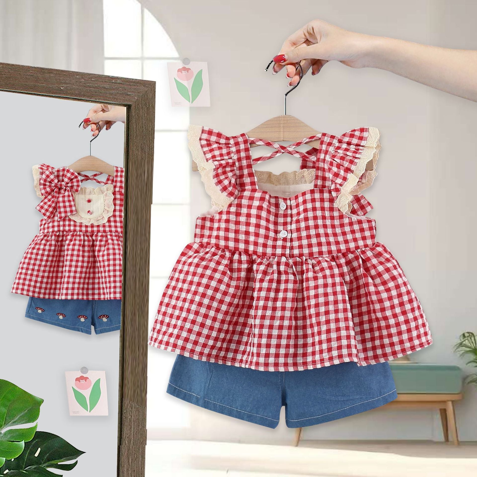 Wholesale 2026 Summer Baby Girls Suit New Fashion Plaid Casual Sweet Strawberry Top and Shorts Two-Piece Set