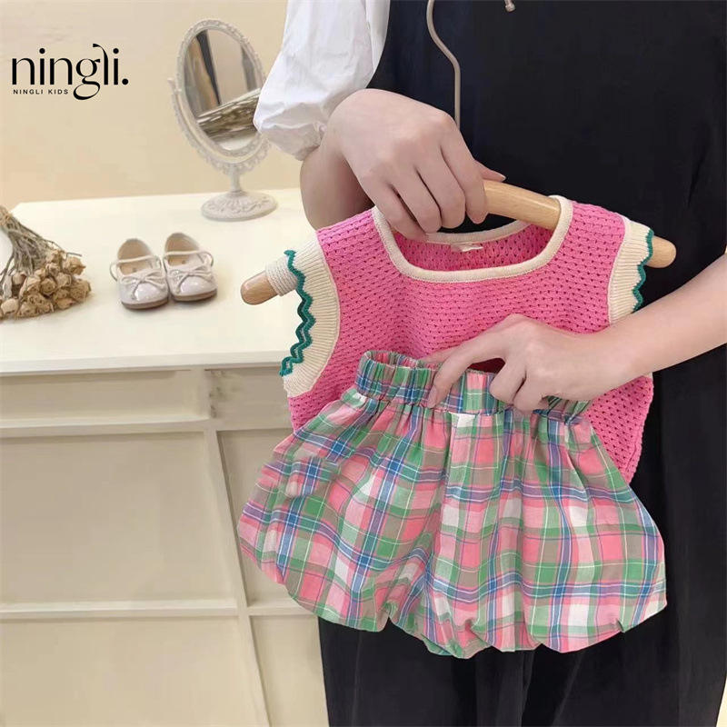 Wholesale 2026 New Fashion Girls' Summer Baby Outfit Fashionable and Stylish Cotton Pink Knit Vest with Plaid Bud Shorts Baby Girls Suit