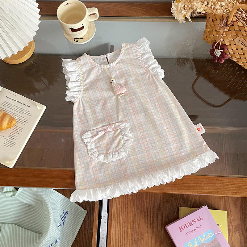 Wholesale 2026 Summer Baby Girl Dresses New Fashion Cartoon Pattern Lace Trim Vest Dress Pure Cotton Sleeveless Princess Skirt