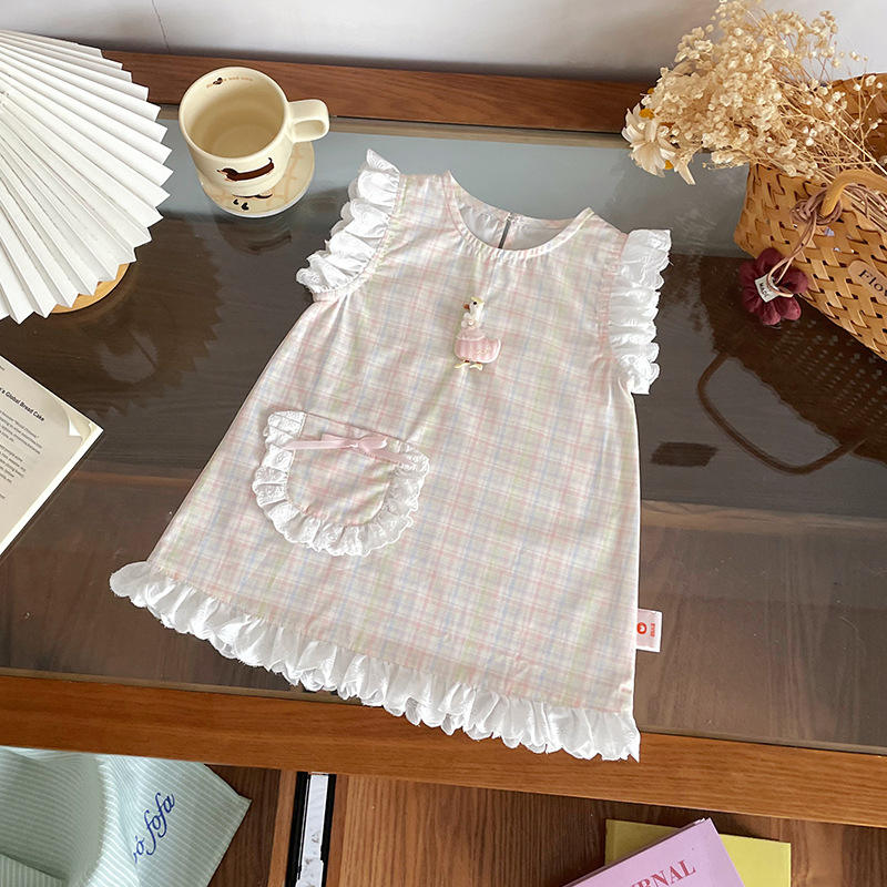 Wholesale 2026 Summer Baby Girl Dresses New Fashion Cartoon Pattern Lace Trim Vest Dress Pure Cotton Sleeveless Princess Skirt