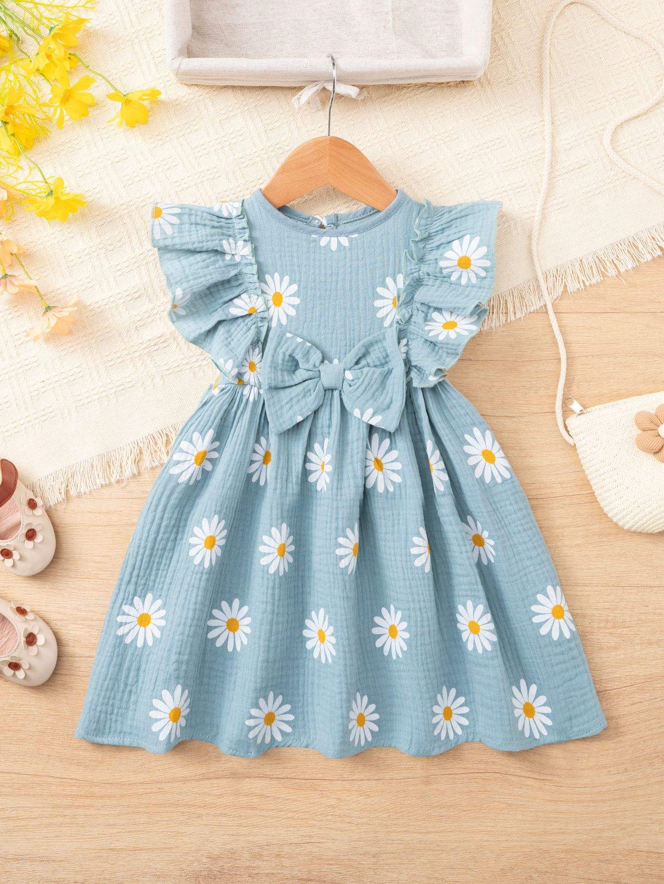 Wholesale 2026 Girls' Summer New Baby Girl Western Small Daisy Printed Vest Skirt Casual Bow Tie Soft New All Cotton Crepe Dress