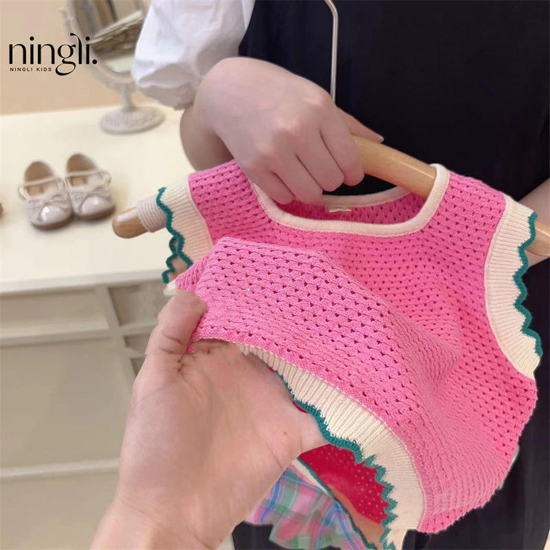 Wholesale 2026 New Fashion Girls' Summer Baby Outfit Fashionable and Stylish Cotton Pink Knit Vest with Plaid Bud Shorts Baby Girls Suit
