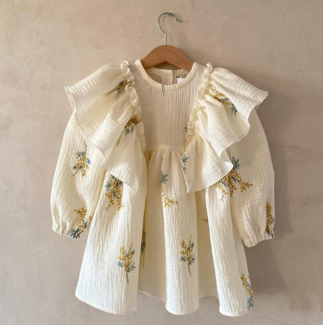 Wholesale New Product Spring and Autumn Girls' Cotton-Linen Ruffle Printed Floral Dresses Fresh and Natural Forest Style Baby Skirts