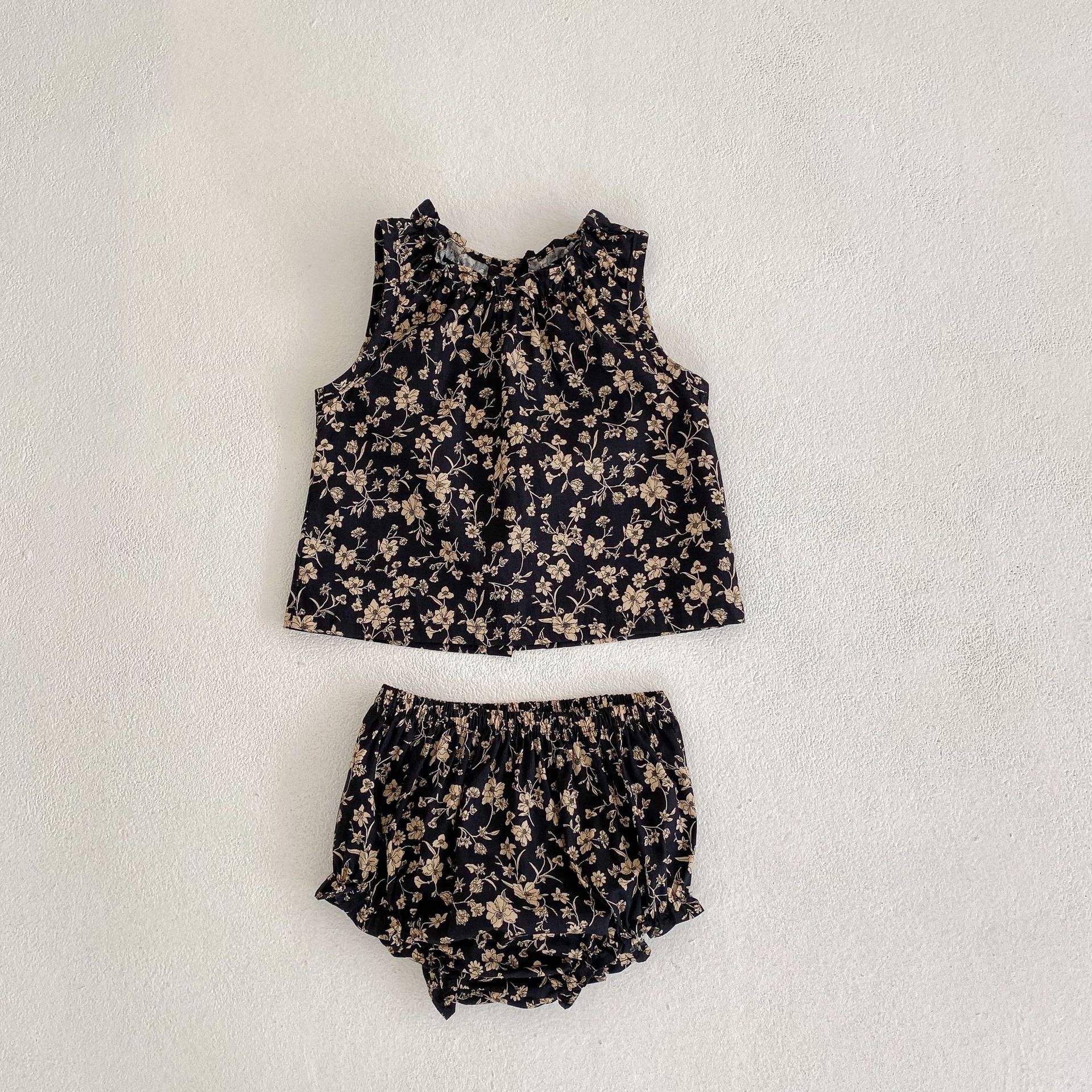 Wholesale 2026 Girls' New Fashion Summer Baby Girl Suit Stylish Floral Ruffled Collar Sleeveless Top with Romper Shorts Two Piece Set