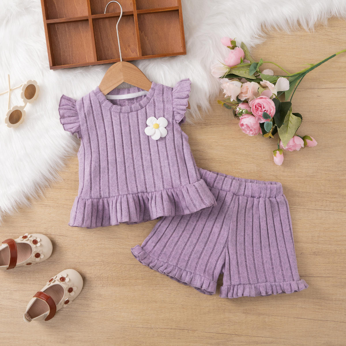 Wholesale 2026 Summer New Fashion Baby Suit Short Sleeve Top Flounce Shorts Set for Girls Knitted Soft Baby Girls Clothing Set
