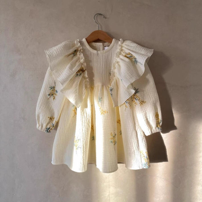 Wholesale New Product Spring and Autumn Girls' Cotton-Linen Ruffle Printed Floral Dresses Fresh and Natural Forest Style Baby Skirts
