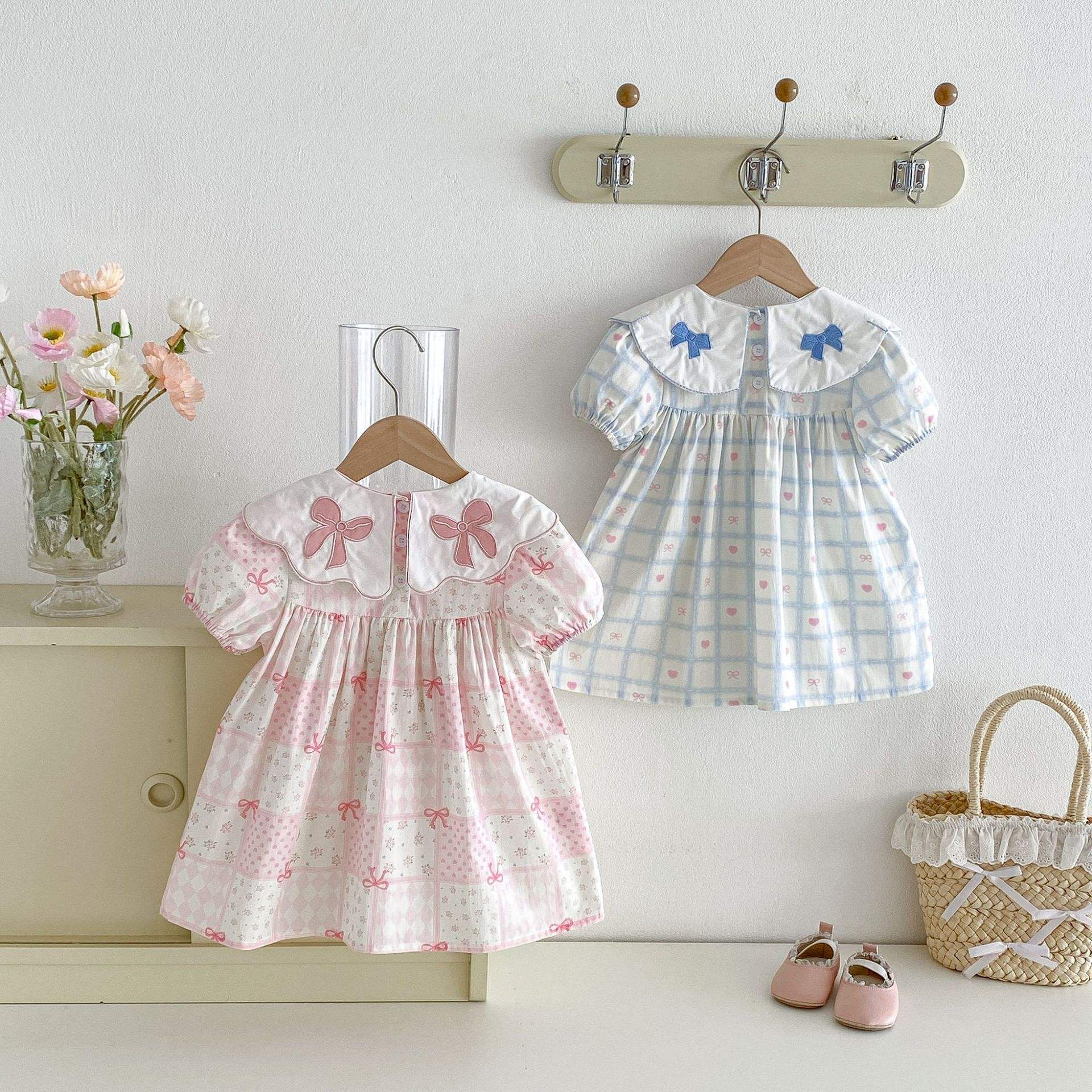 Wholesale 2026 New Bow Embroidery Lapel Summer Girls' Dresses Korean Version Children's Floral Short Sleeve Princess Dress