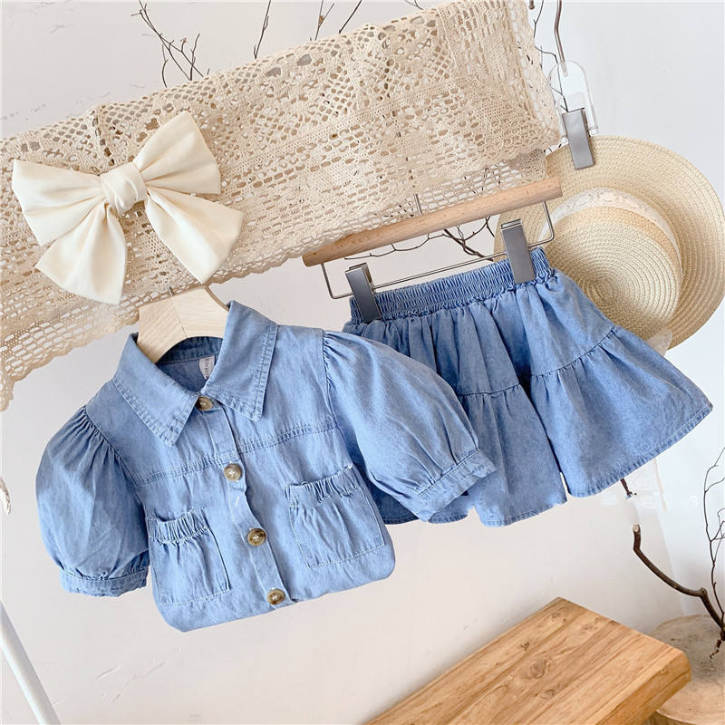 Wholesale 2026 New Summer New Cute Princess Children's Clothing Girls' Fashion Denim Solid Color Puff-sleeved Top Skirt Set