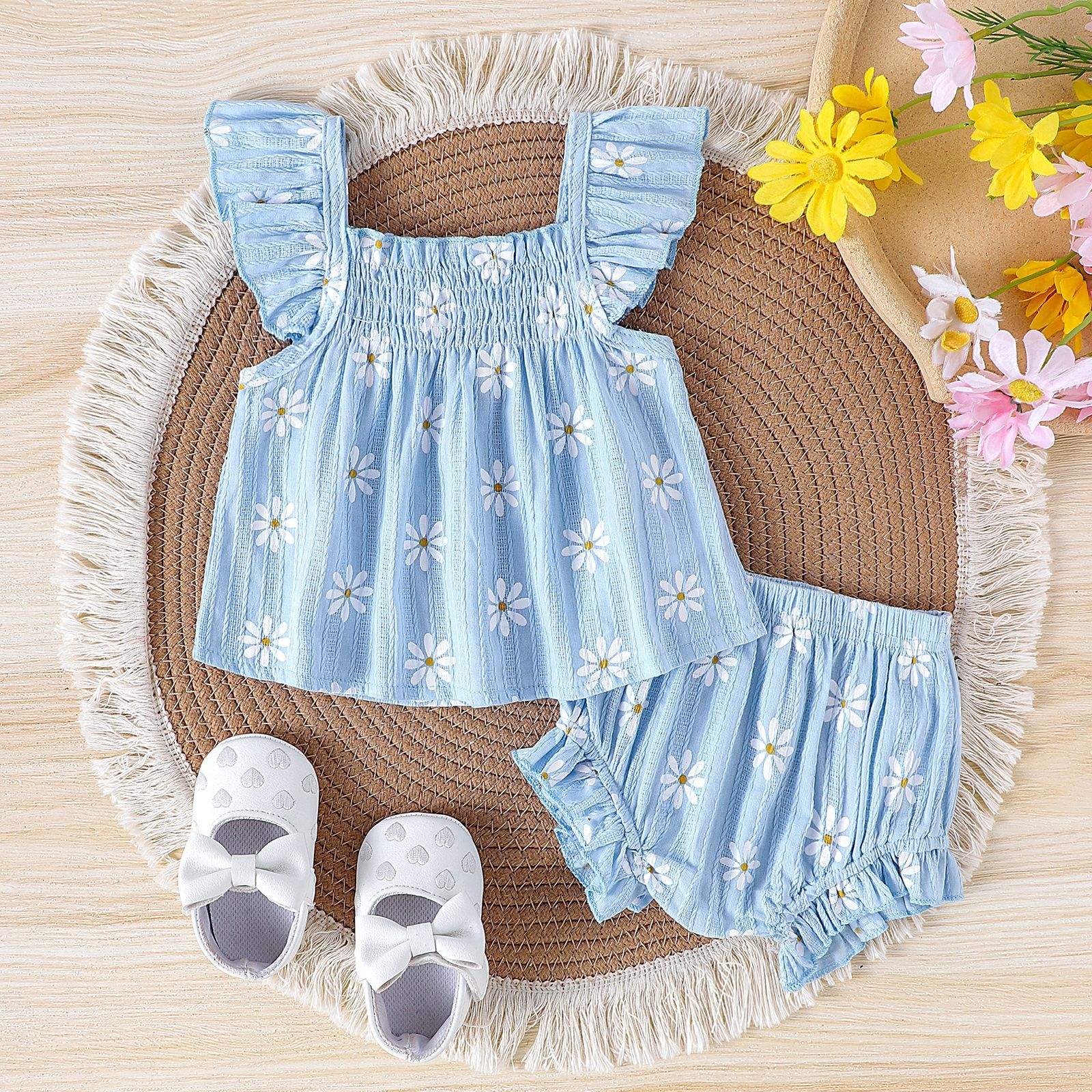 Wholesale 2026 Summer Casual Baby Girl Clothing Set Floral Print Sleeveless Top and Shorts Set Cotton Knitted Fabric Soft Baby Suit