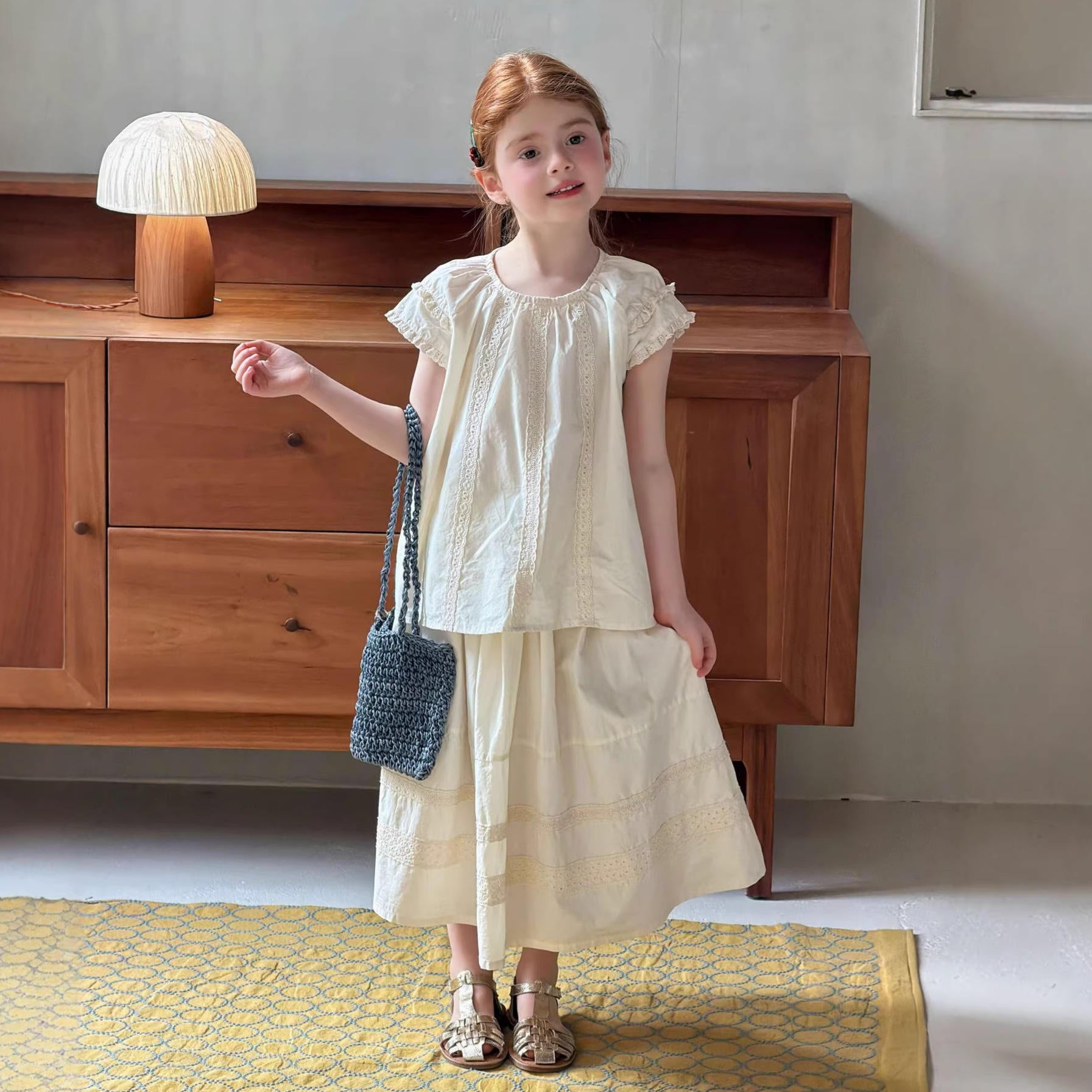 Wholesale Girls' 2026 Summer New Style Children's Heavy-Duty Lace Doll Shirt Baby Pure Cotton Solid Color Skirt Two-Piece Set