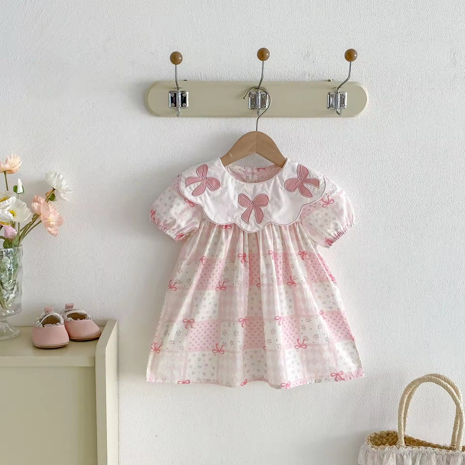 Wholesale 2026 New Bow Embroidery Lapel Summer Girls' Dresses Korean Version Children's Floral Short Sleeve Princess Dress