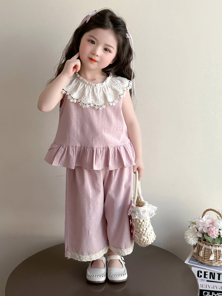 Wholesale 2026 Girls' Summer Baby Girls Outfit Set New Fashionable Children's Toddler Lace Sweet Vest Two-Piece Set