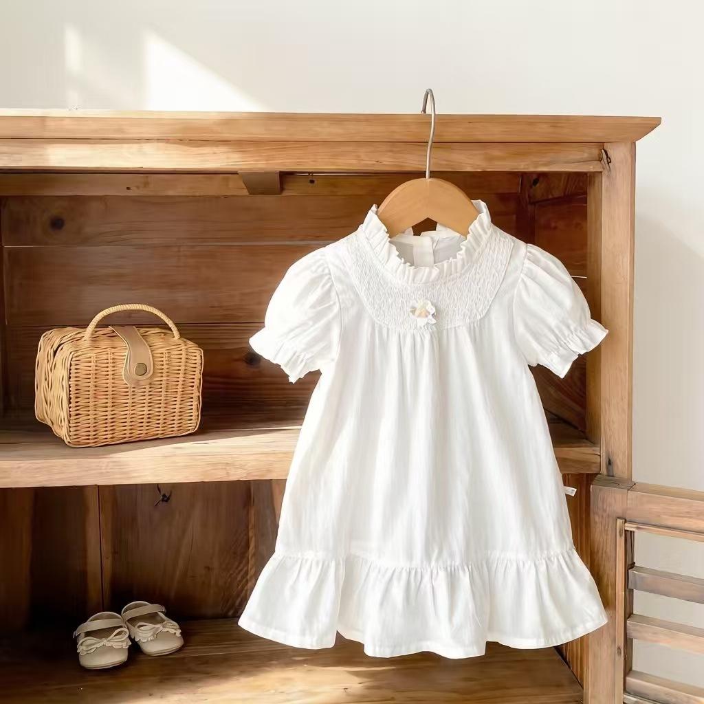 Wholesale 2026 Summer Baby Girl Sweet Style Ruffled Collar Puff Sleeve Dress with 3D Flower Decorations and Ruffle Baby Skirts