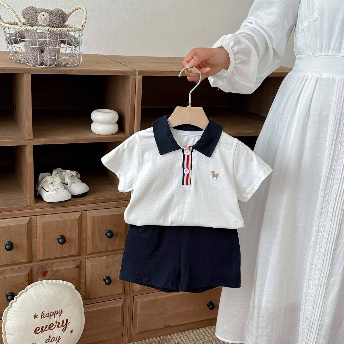 Wholesale 2026 Boys' Summer Short-sleeved Pullover Shirt and Shorts Set Preppy Style Infant Pure Cotton Fashion Two-piece Set