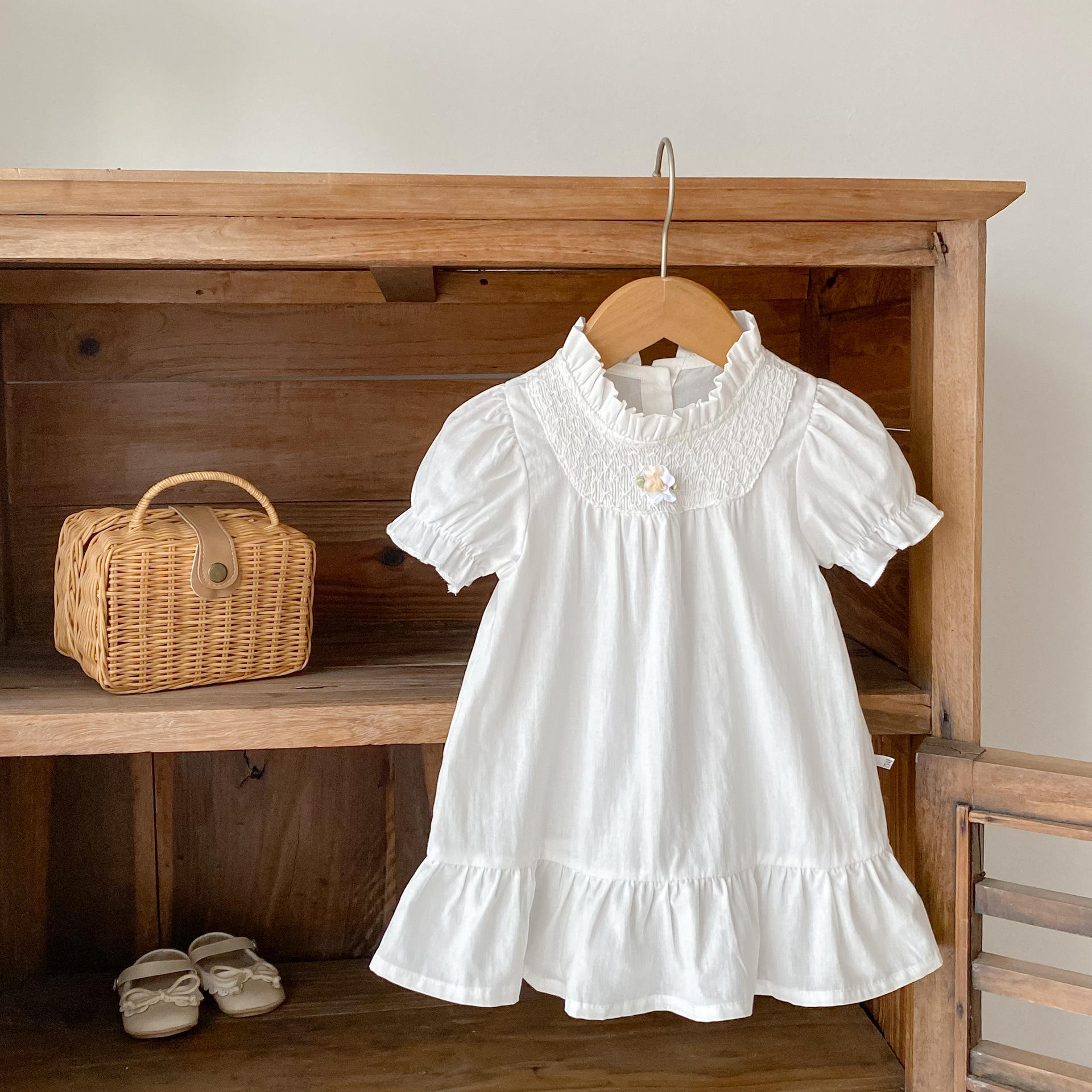 Wholesale 2026 Summer Baby Girl Sweet Style Ruffled Collar Puff Sleeve Dress with 3D Flower Decorations and Ruffle Baby Skirts
