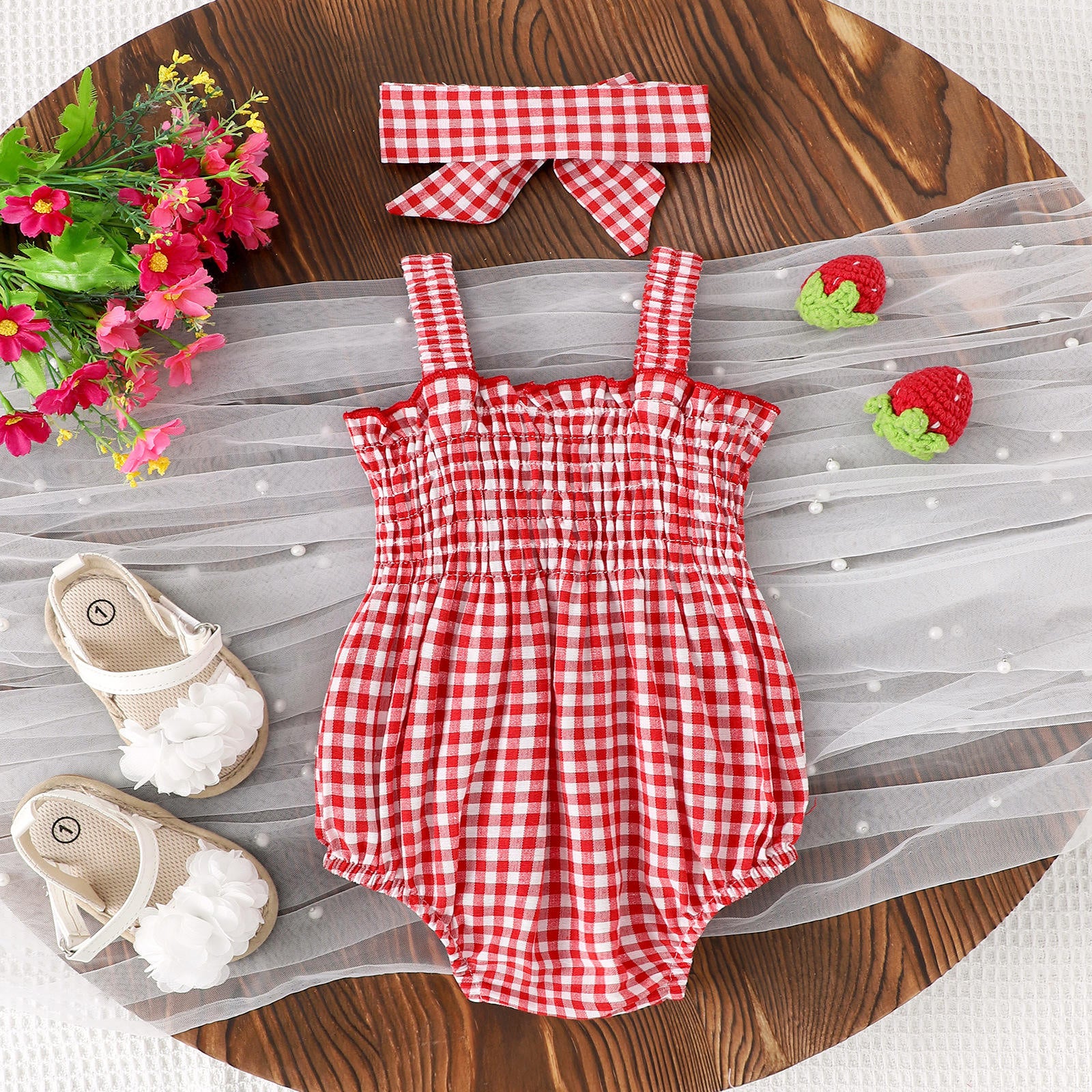 Wholesale European American 2026 Summer New Style Baby Girl Rompers Red Plaid Strapped Strawberry Sling Cotton Sleeveless Jumpsuit