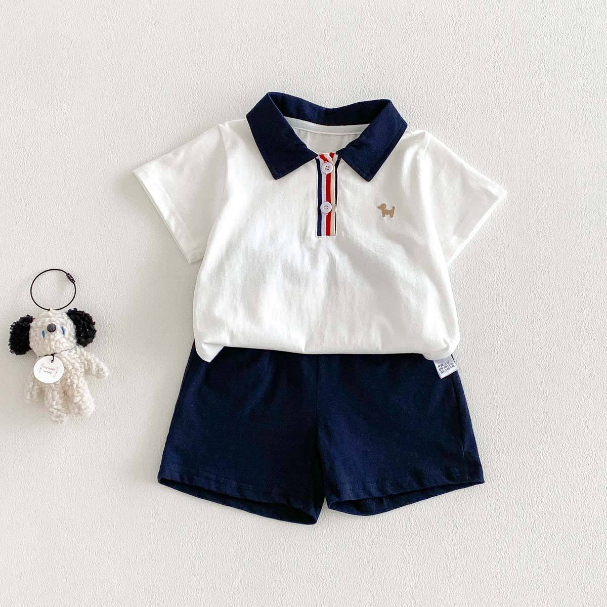 Wholesale 2026 Boys' Summer Short-sleeved Pullover Shirt and Shorts Set Preppy Style Infant Pure Cotton Fashion Two-piece Set