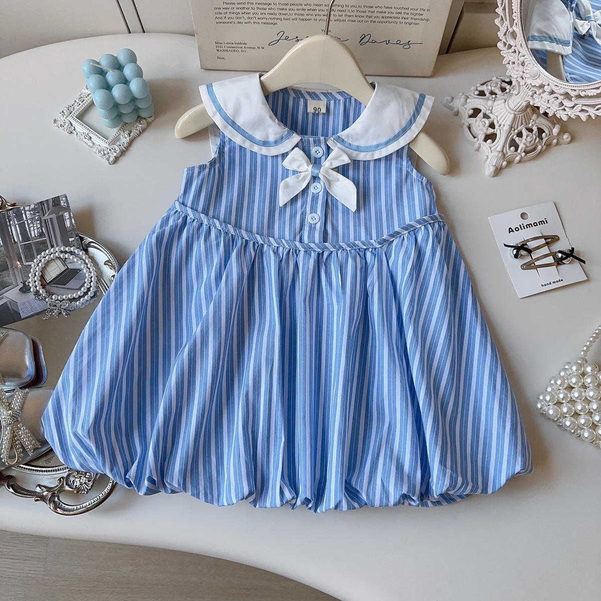 Wholesale 2026 Summer Girls' Baby Dresses New Design Turn-down Collar Bow Striped Sleeveless Dress Baby Girl Vest Dress