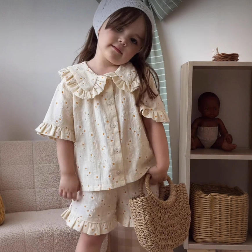 Wholesale 2026 Girls' New Fashionable Summer Cotton Ruffle Doll Shirt and Shorts Children Printed Solid Color Two-Piece Set