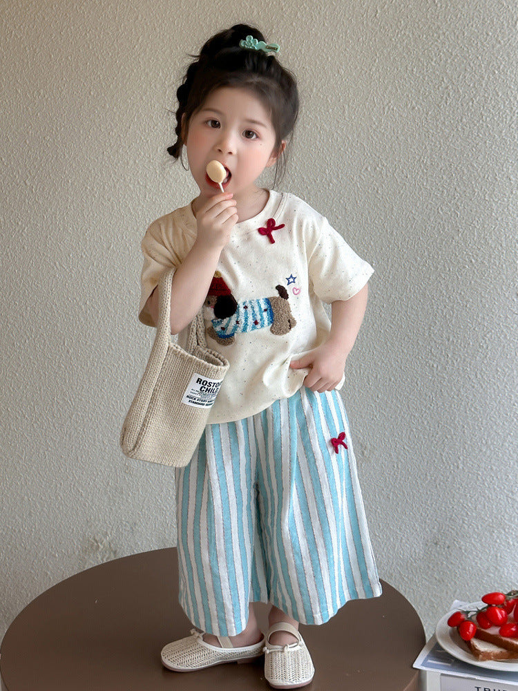Wholesale 2026 Summer Girls' Outfit New Korean Style Cute New Color-Blocked Short Sleeve and Long Pants Cartoon Dachshund Two-Piece Set