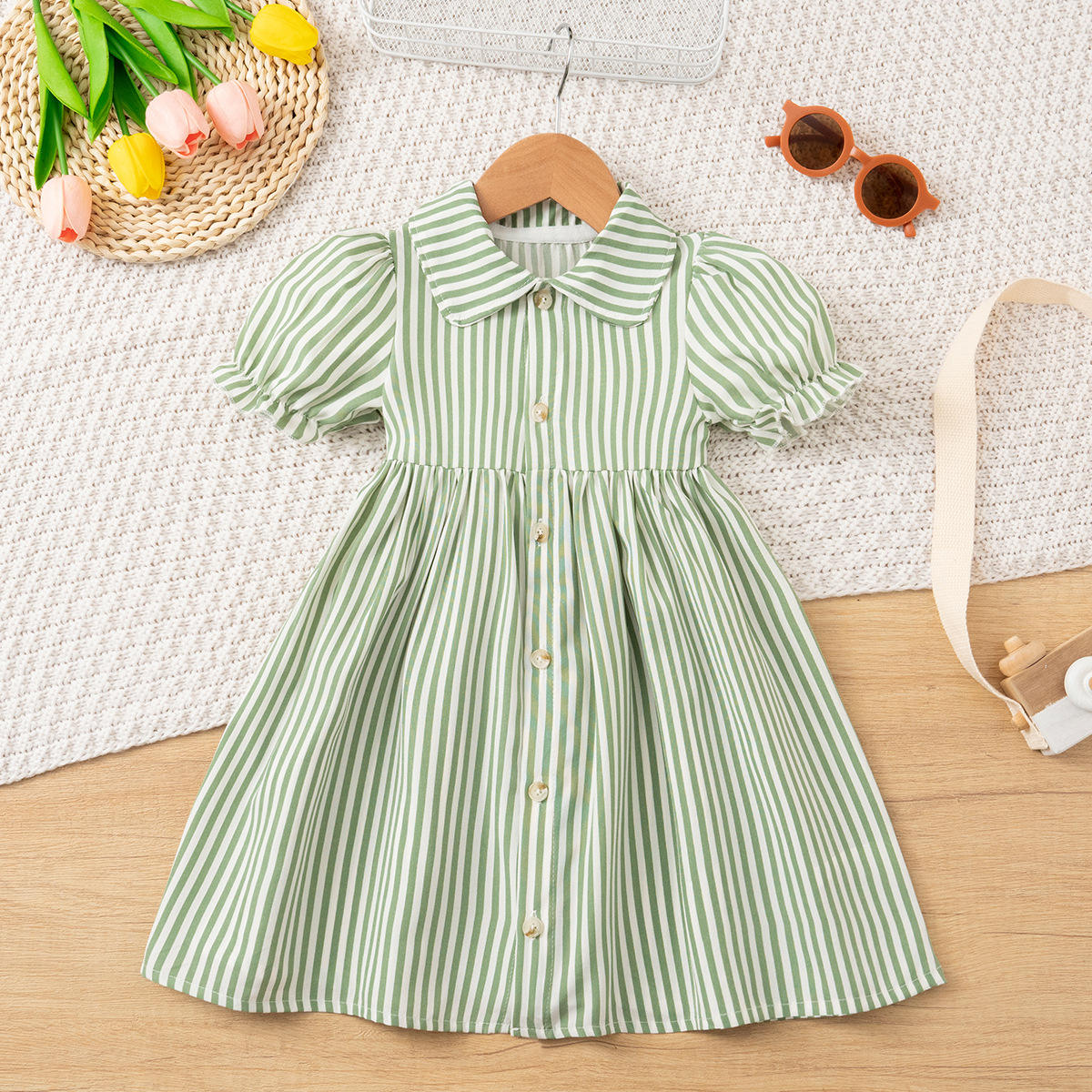 Wholesale 2026 Summer New Fashion Korean Style Girls' Crocheted Striped Shirt Collar Puff Sleeves Slim Baby Dresses