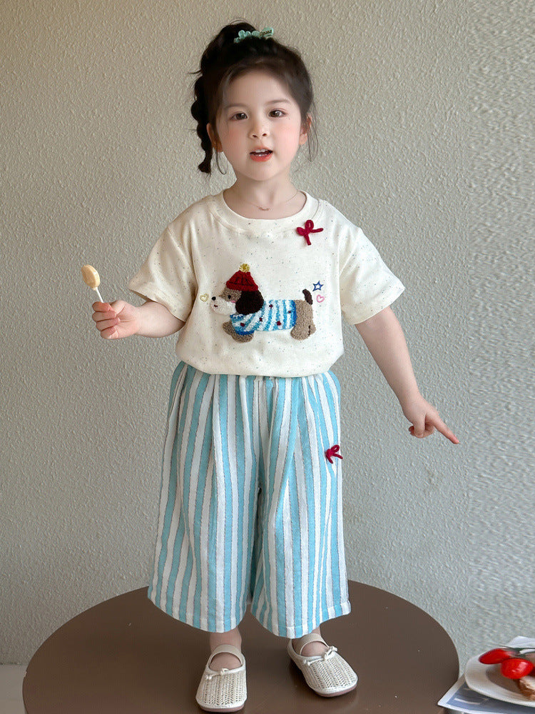 Wholesale 2026 Summer Girls' Outfit New Korean Style Cute New Color-Blocked Short Sleeve and Long Pants Cartoon Dachshund Two-Piece Set