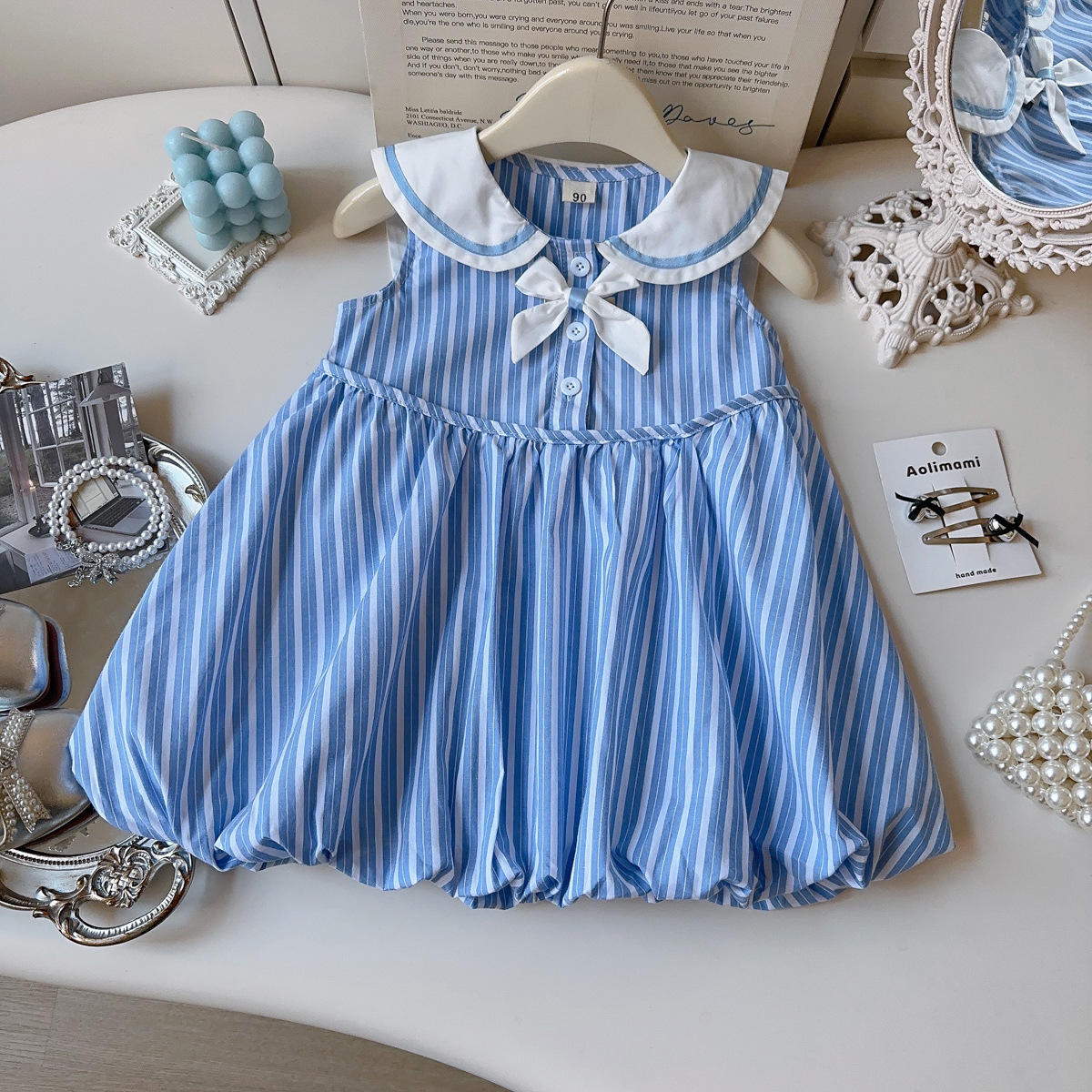 Wholesale 2026 Summer Girls' Baby Dresses New Design Turn-down Collar Bow Striped Sleeveless Dress Baby Girl Vest Dress