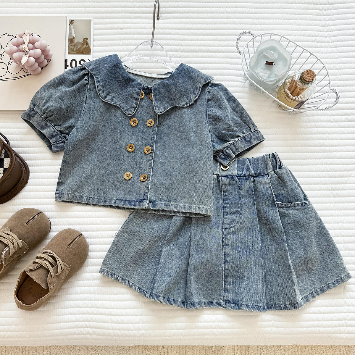 Wholesale 2026 Summer New Fashionable Girls' Outfit Short Sleeve Denim Top Pleated Skirt Children's Denim Two-Piece Set