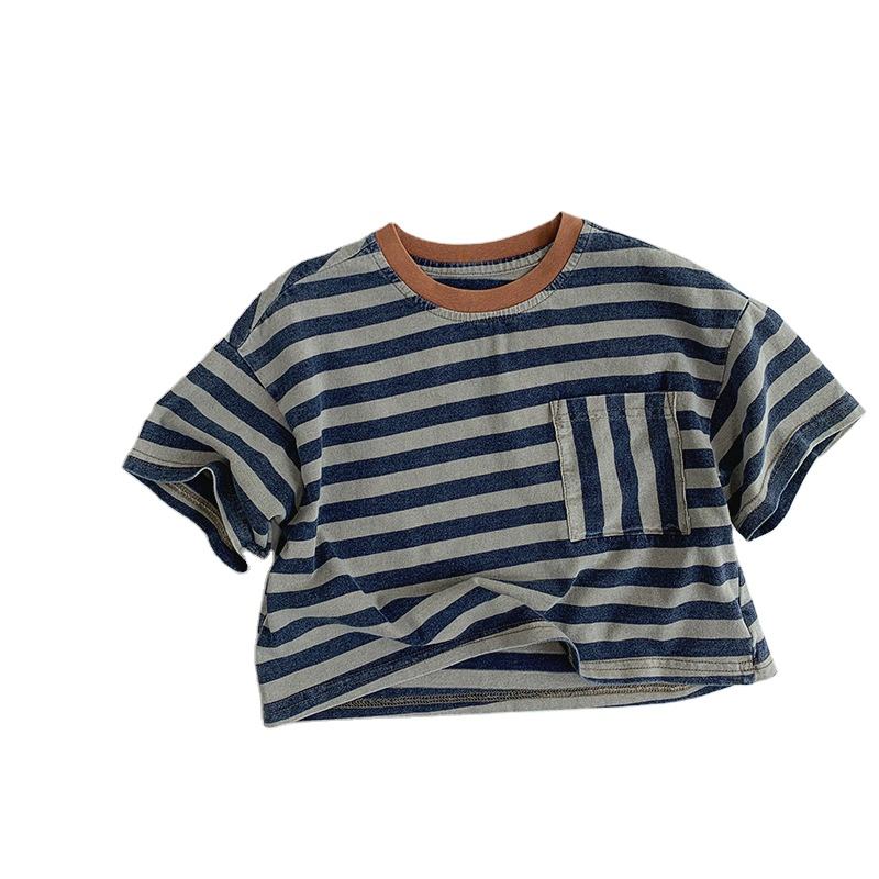 Wholesale 2026 Summer New Children's Shirt Vintage Striped Knitted Cotton T-Shirt Unisex Korean Style Distressed Look Moisture Wicking Top